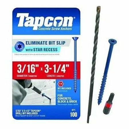 TAPCON 3/16-inch x 3-1/4-inch Climaseal Blue Flat Head T25 Concrete Screw Anchors w/Drill Bit, 100PK 3160T25